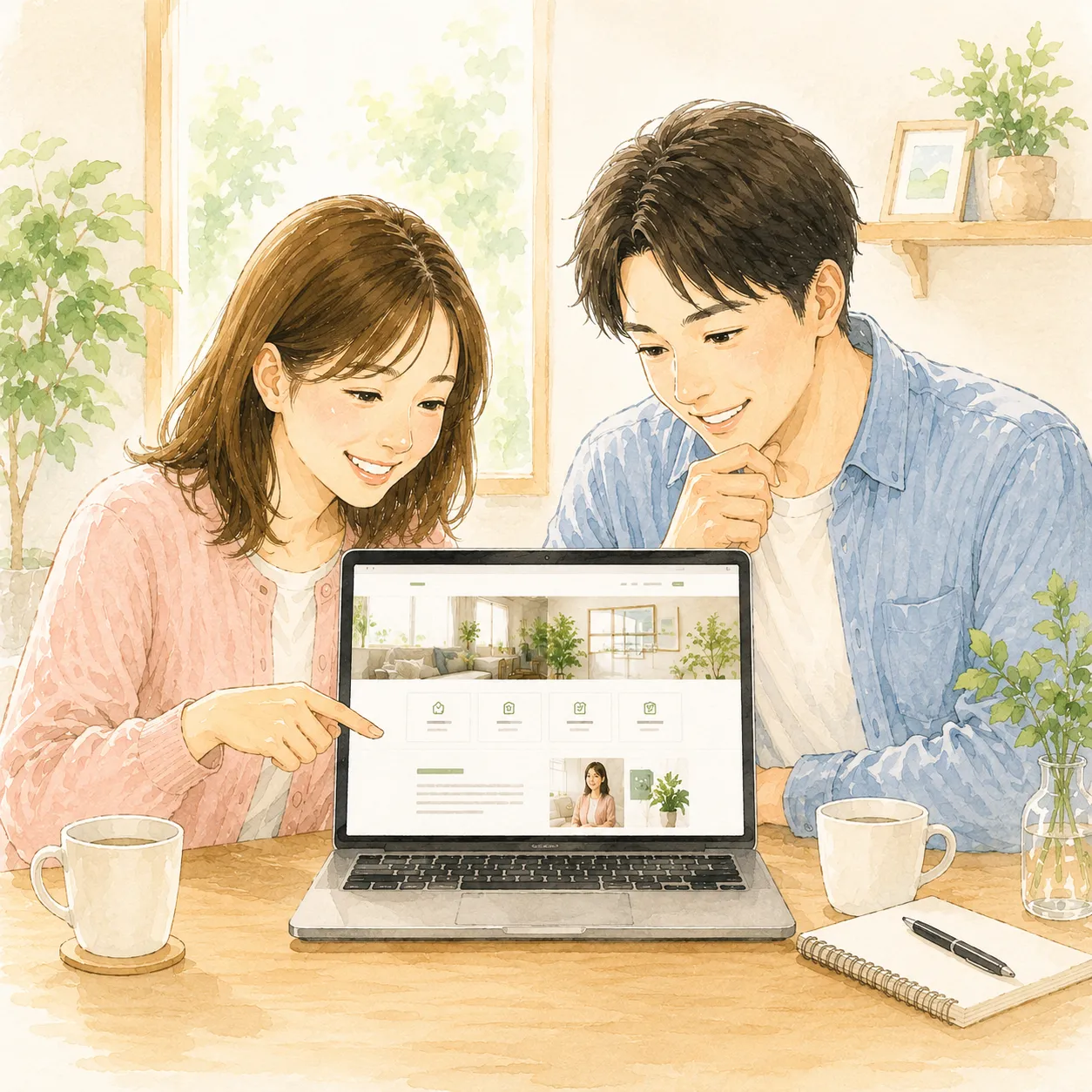 イラスト：男女がホームページを見ている画像